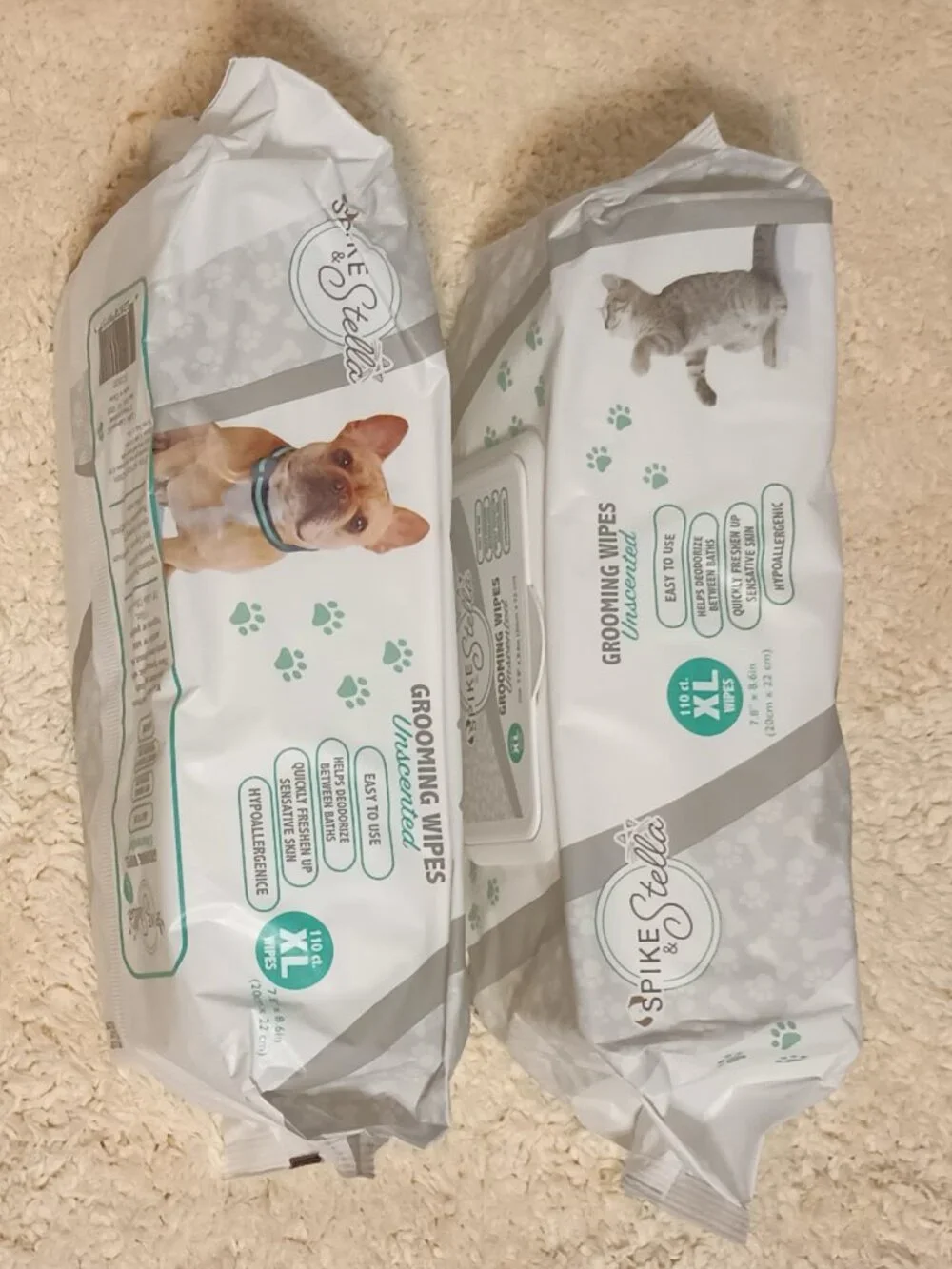 2 NEW packages of Spike & Stella Unscented XL Grooming Wipes,Total of 220 Wipes